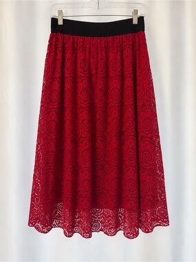 LuLaRoe Red Lace Midi Skirt with Black Waistband